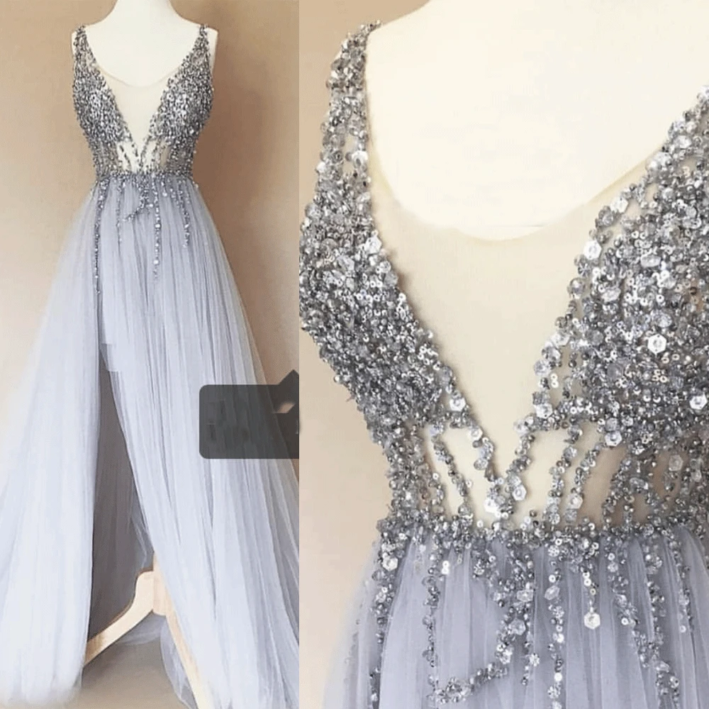 SuperKimJo Vestido De Gala Серебряное платье для выпускного вечера с бисером длинное Сексуальное Дешевое платье для выпускного