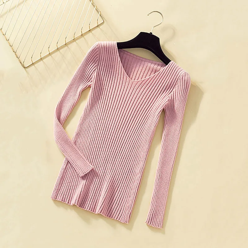Пуловер вязаный женский свитер зимняя одежда женский джемпер с v-образным вырезом Мягкие вязанные зимние топы вязаные женские свитера - Цвет: Pink