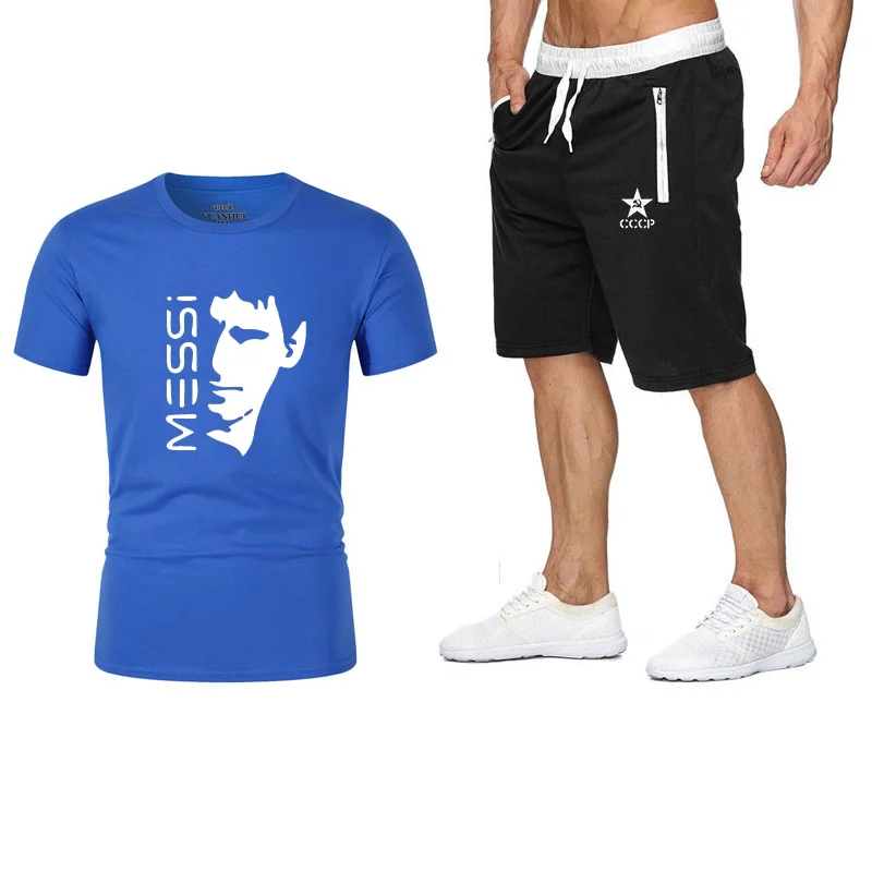 Royal blue Летний Повседневный Спортивный костюм футболки с короткими рукавами han edition Красивая мужская одежда модная спортивная одежда с круглым вырезом и принтом - Цвет: Royal blue