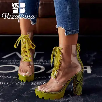 

RIZABINA Women High Heel Ankle Boots Transparent Pvc Fashion Zipper Lace Up Platform Shoes Women Short Boots Footwear Size 35-42