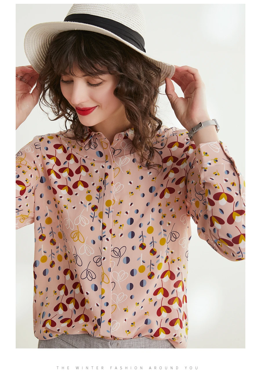 Женская шелковая блузка, натуральный шелк, креп, с принтом, блузки для женщин, с длинным рукавом, блузка, рубашка,, Офисная Женская блузка