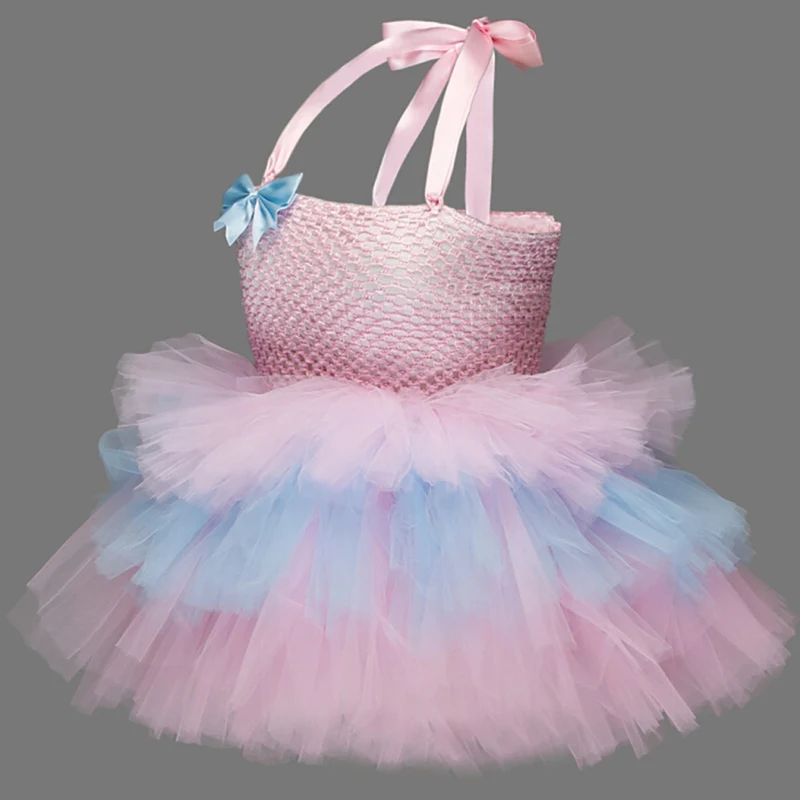 Pink Girls Dress Розовые вечерние платья для девочек, многослойное фатиновое платье с цветочным принтом для девочек детское платье принцессы с бантом для именинного пирога платье для подростков - Цвет: Pink Girls Dress