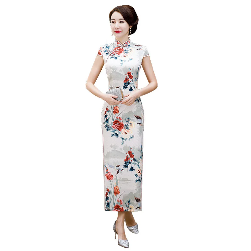 С воротником «Мандарин», Cheongsam Qipao женские Выходные туфли на выпускной вечерние платье Размеры 3XL 4XL китайский Винтаж короткий рукав платье Ципао с цветочным принтом Vestidos