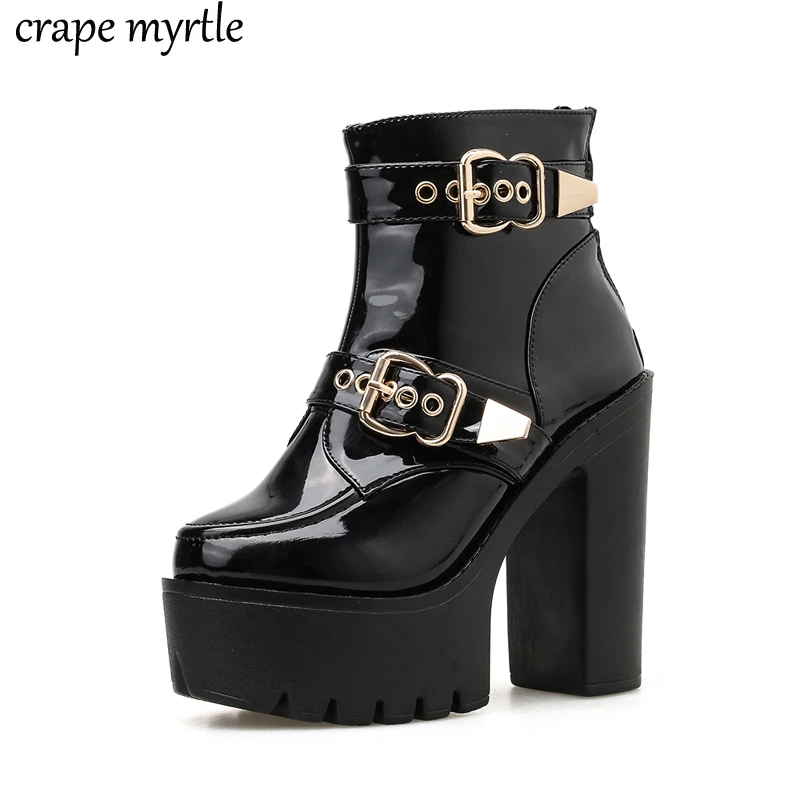 

snowboots autumn shoe women Ankle Boots Block Heel Shoes Ladies Buckle Prom Shoes cowboy botas Platform punk goth boots YMA939