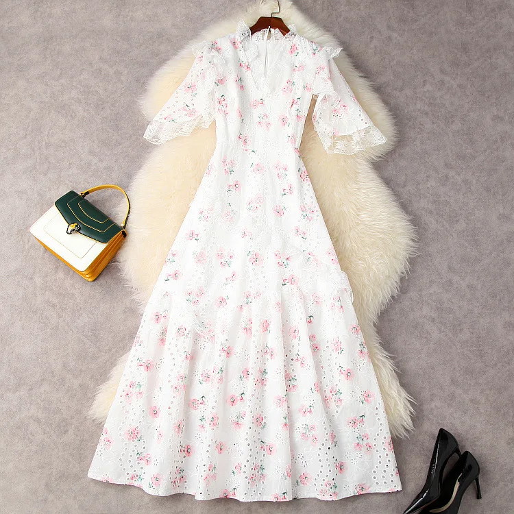 

European and American women's wear for summer 2021 V-neck cut-out print with five-quarter sleeve Fashion White Dress