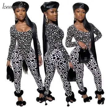 

Winter New Sexy Dot Print Long Sleeve Bodysuit And Pants Two Piece Set Women Clothing