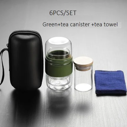 Портативный стеклянный чайный набор для путешествий, фильтр для чайной чашки, набор для деловой поездки, деловой подарок, здоровый стеклянный открытый чайный набор - Цвет: GREEN 6PCS