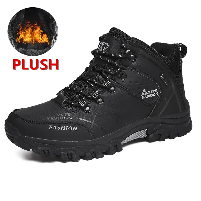 Брендовые мужские зимние ботинки; водонепроницаемые кожаные кроссовки; очень теплые мужские ботинки высокого качества для походов; Рабочая обувь; размеры 39-47 - Цвет: Plush Black
