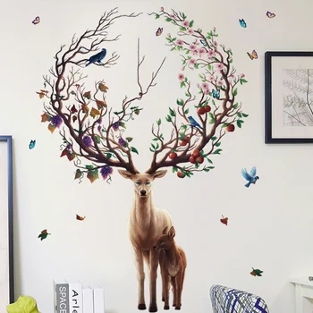 

Creative Deer Wall Stickers Colorful Horn Birds Butterfly Tree Branch House Room Wall Decor Christmas Decoration Vinyl Decals