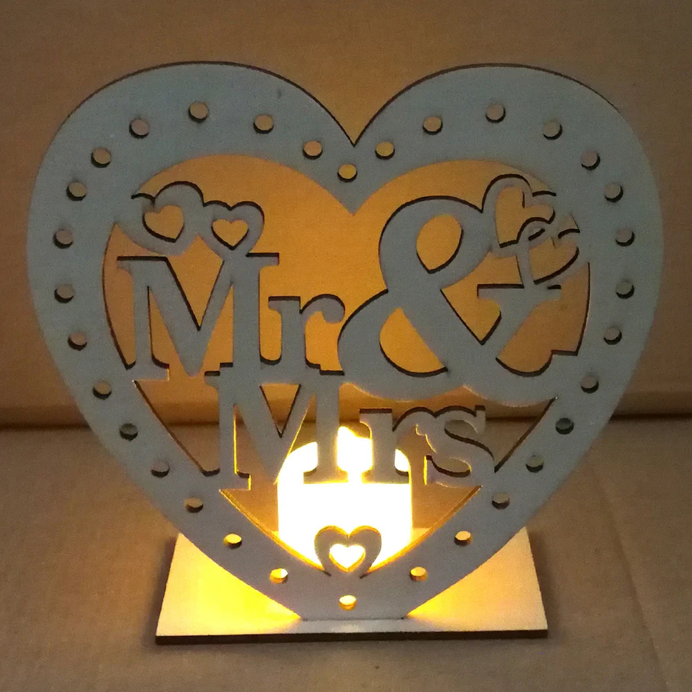 Горячие деревянные в форме сердца Mr Mrs Подсвечник DIY для свадебной вечеринки