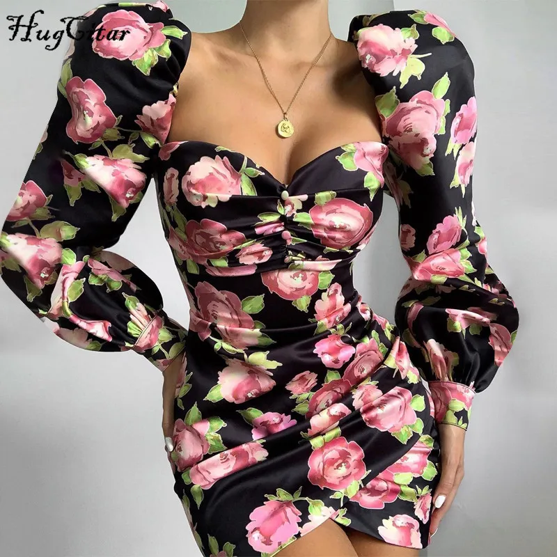 Hugcitar 2021 Rose Floral Print Long Puff Sleeve Ruched Sexy Mini Dress Autumn Winter Women Party Elegant Streetwear Outfits | Женская