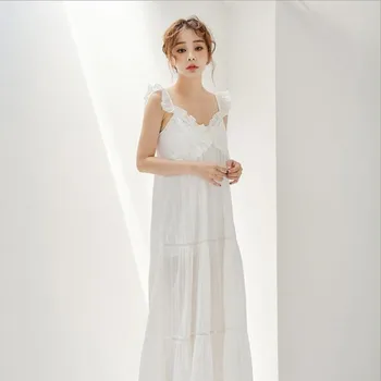 

Summer sexy spaghetti strap women nightgown long style ankle-length vintage white sleeping dress soft pure cotton night dress