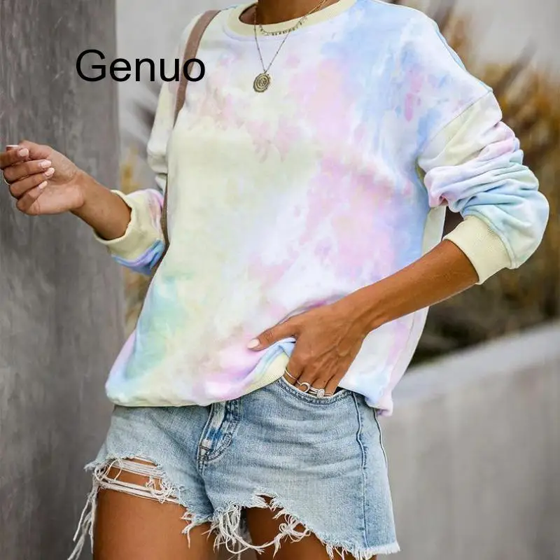 HOT Women Sweatshirt Autumn Rainbow Color Tide Long-sleeve Pullovers Tie Dyeing Shirt Tops  Women Clothes 2020
