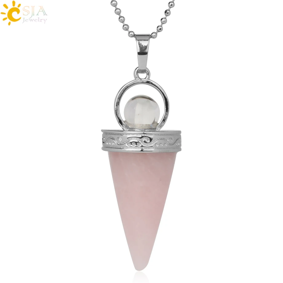 Rose Quartz Chain Csja Натуральный Камень Конус Подвески Ожерелья целебные тигровый глаз розовый кварц Lapis Белый Кристалл Модные украшения для женщин мужчин G246 - Окраска металла: Rose Quartz Chain