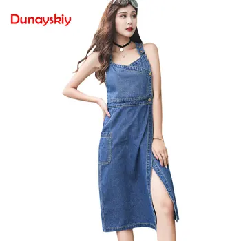 

Women Denim Dress sleveeless Two Button Open Overalls Dresses Spring Summer Pocket Female High Waist Thin Strap Split Dress