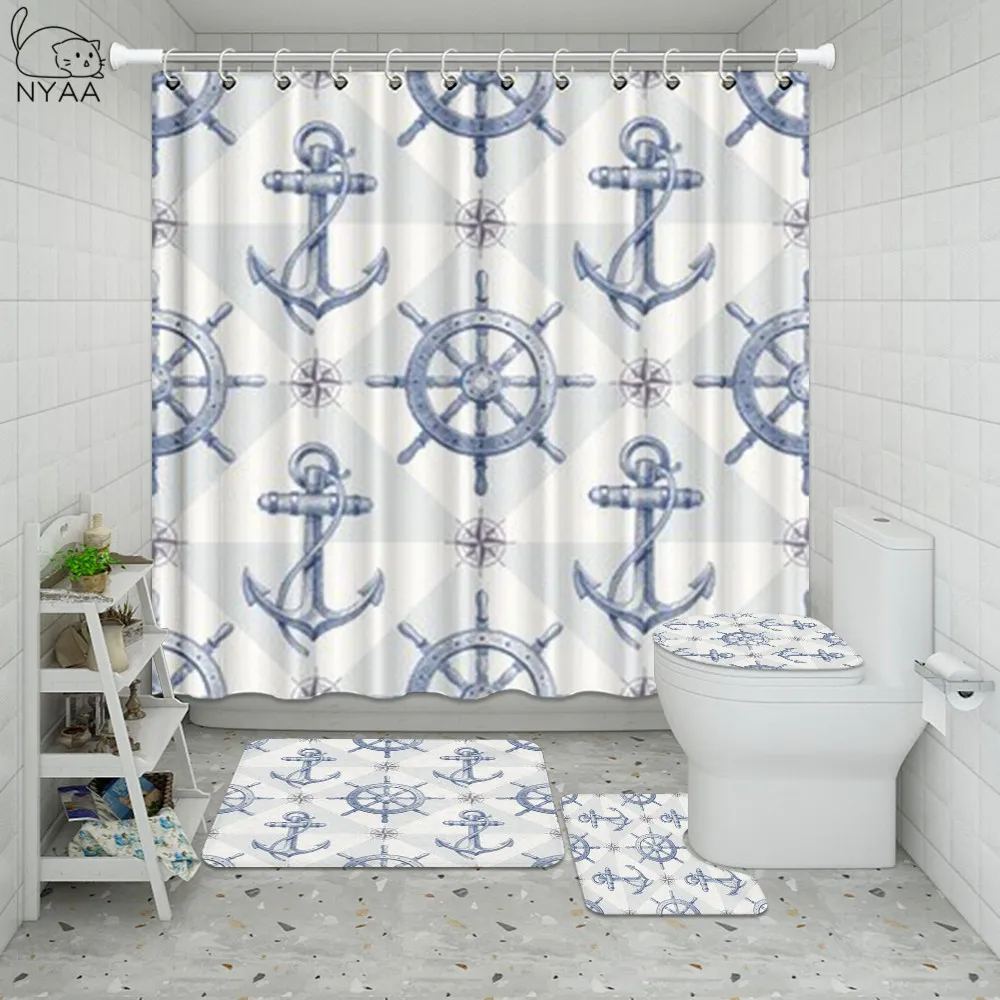 Rustic Nautical anchor Waterproof Fabric & 12 Hooks Bathroom Shower Curtain 71" 