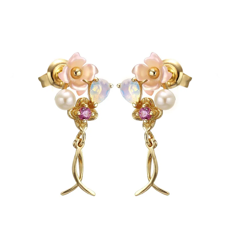 

Sweet Natural Shell Flower Pearl Crystal 925 Sterling Silver Drop Dangle Piercing Earrings Women Upscale Jewelry Valentine Gift