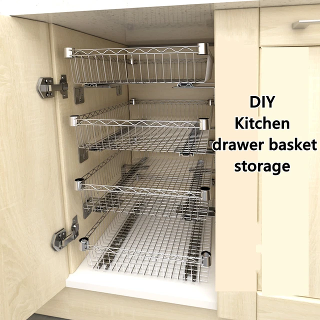 DIY Cupboard Drawer Basket Kitchen Storage Shelf Organizer Sliding Cabinet  Basket Pull Out Metal Drawer Type Mesh Basket - AliExpress