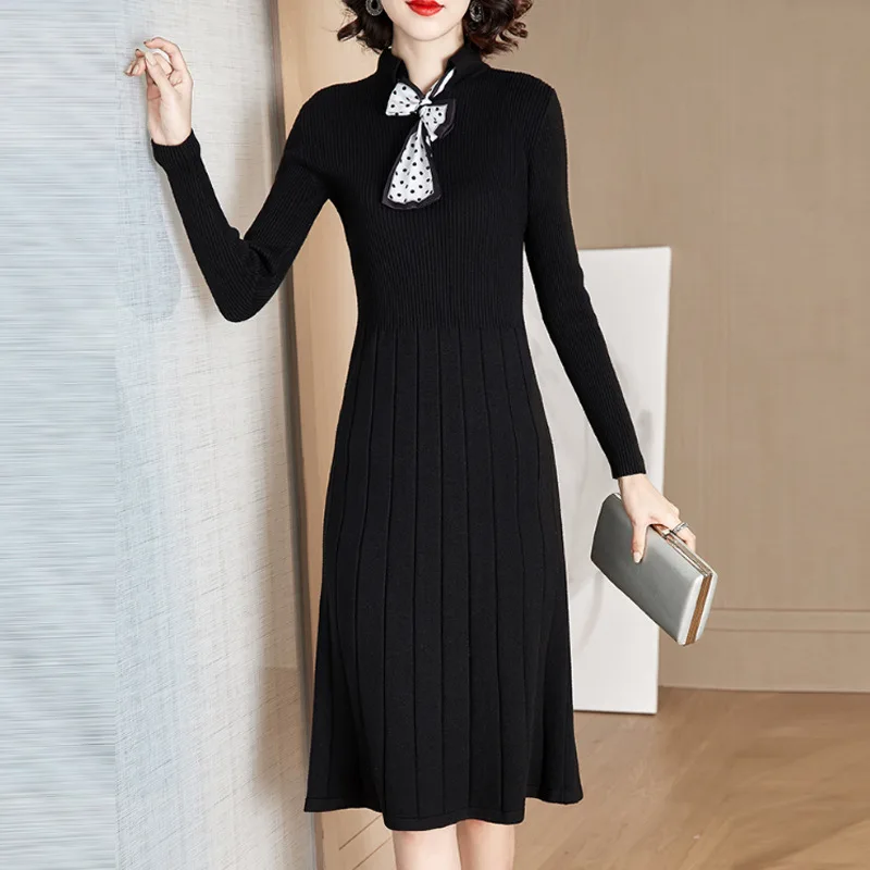 

Europe And America 2020 Spring Mid-length Knitted Sweater Dress Women's Underwear Base Dress Western Style Hepburn Wind Black Dr