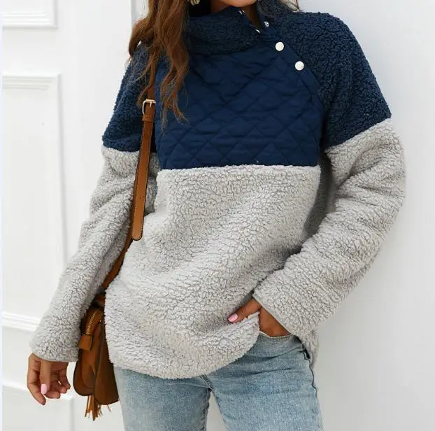 Navy Blue Флисовые теплые толстовки с капюшоном Тедди Осенние женские пуловеры с длинным рукавом Топы с высоким воротом толстовки зимние размера плюс кнопки S031 - Цвет: Navy Blue