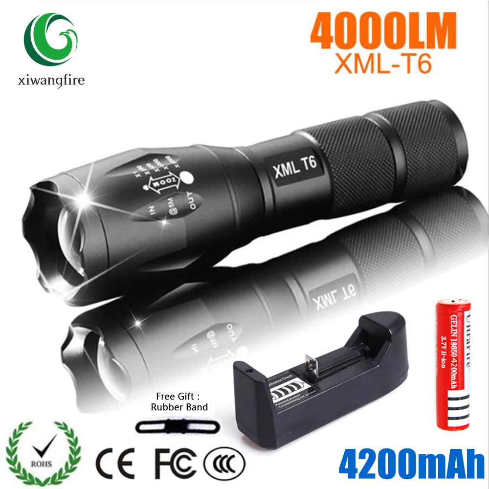 Lampe de poche rechargeable LED lampe torche XML T6 4000 lumens 18650 batteri 4P