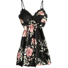 Летний имитационный шелк ночная рубашка сексуальное женское белье Винтаж с v-образным вырезом с цветочным принтом и кружевной отделкой, пуш-ап, с хлопковой подкладкой, одежда для сна с бантом майка ночная рубашка