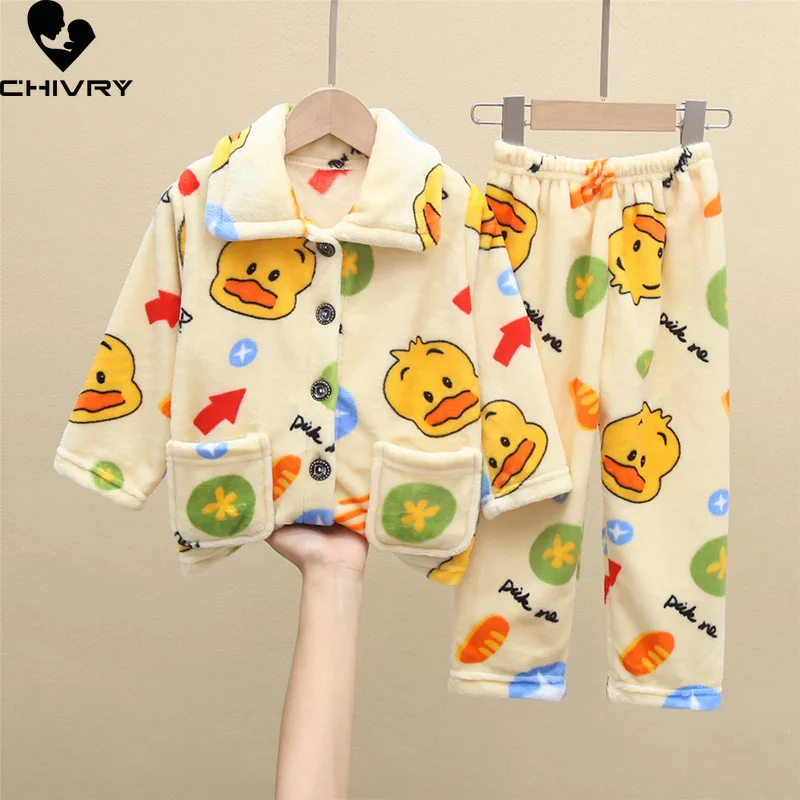

New 2021 Kids Boys Girls Autumn Winter Flannel Pajama Sets Cute Cartoon Long Sleeve Lapel Tops with Pants Sleeping Clothing Sets