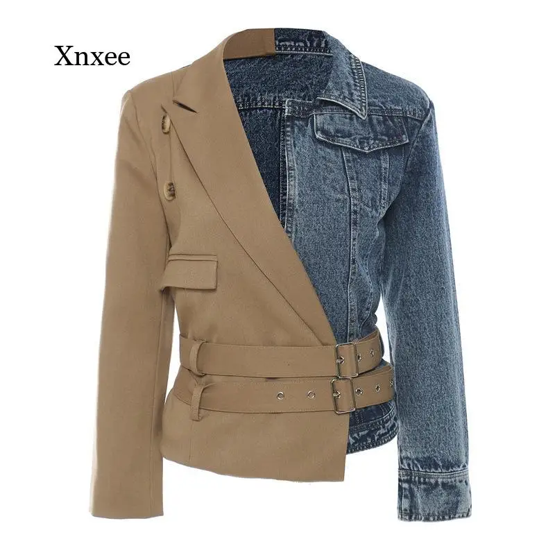 

Denim Patchwork Blazer Women Spring Autumn Elegant Belt Jacket Long Sleeve Office Ladies Slim Suit Coats Women Blazers Clothing