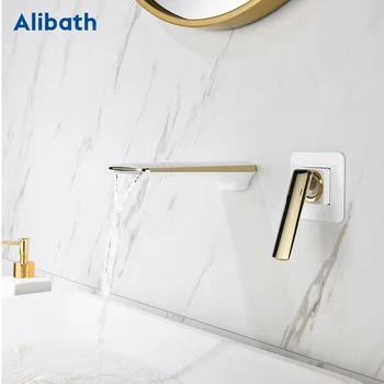 

Free Shipping Wall Mounted Basin Faucets Waterfall Bathroom Faucet White and Gold Brass Spout Vanity Sink Mixer Tap.