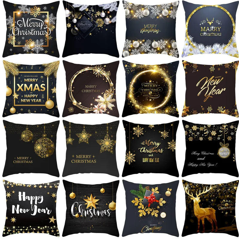

Black Gold Pillowcase 45cm Christmas Cushion Cover Christmas Decor for Home Polyester Pillowcase Printed Cushion Cover for Sofa