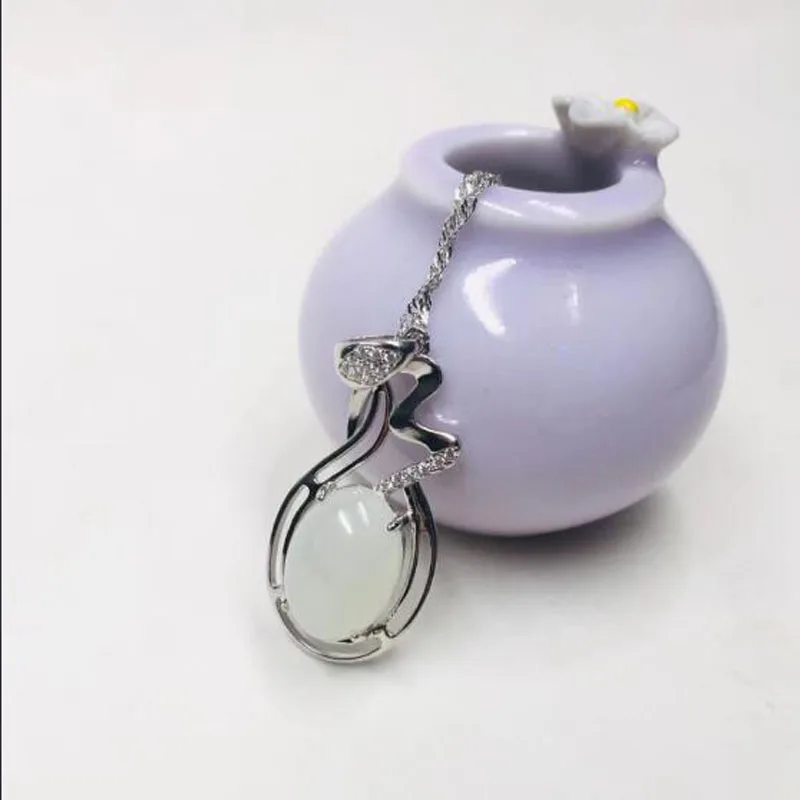 925 Sterling Silver White HeTian Jade Lucky Pendant+ Chain Necklace For Women Fine Jewelry Charm Gift