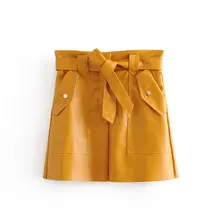 Новинка, женская модная желтая юбка из искусственной кожи с бантом и поясом, faldas mujer, женские повседневные Облегающие юбки с карманами и оборками, QUN468