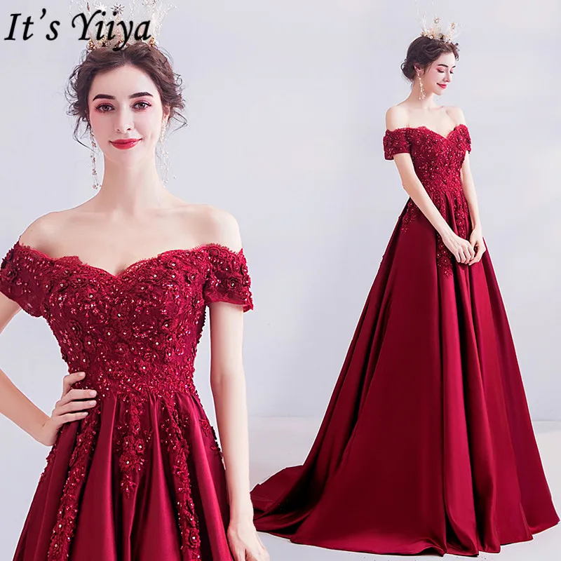 Это Yiiya вечернее платье с вырезом лодочкой с коротким рукавом бордового цвета размера плюс Robe De Soiree LF001 с открытыми плечами Бисероплетение Формальные платья