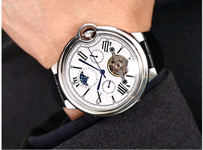 

Luxury Brand New Men Sapphire Automatic Mechanical Silver Gold Stainless Steel Tourbillion Black Leather Moonphase Rome Watches
