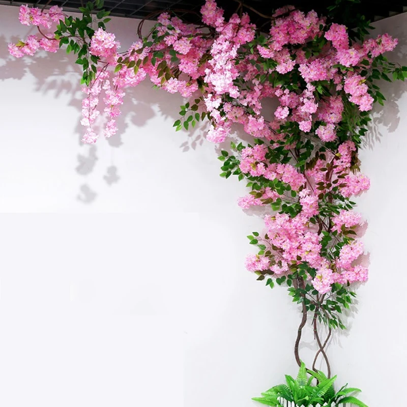 Luyue Artificial Cherry Flower Blossom Fake Leaves Branches Tree Vine Living Room Interior Green Plant Rattan Ceiling | Дом и сад