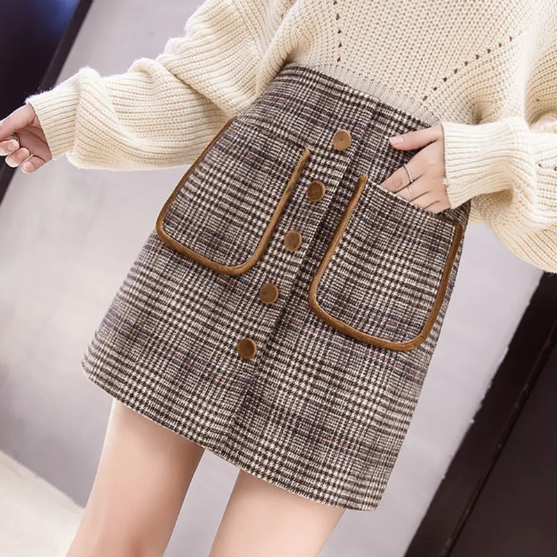 

Autumn and Winter Plaid Buckle Woolen Skirt Female 2020 New Style High Waist Slim A- line Dress Skirt Ins Bag Hip Skirt