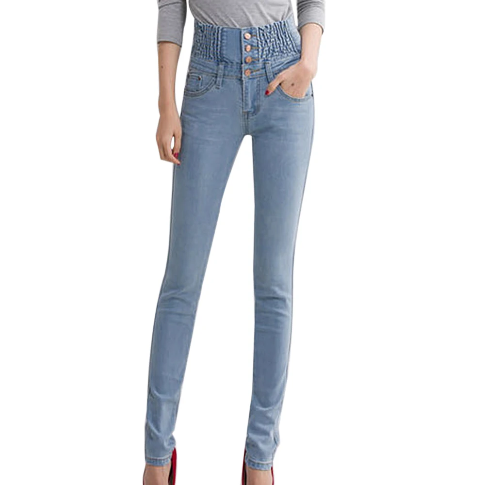 light blue 1 Женские зимние теплые джинсы на каждый день с высокой талией, обтягивающие штаны с флисовой подкладкой, брюки-карандаш с эластичной резинкой на талии и пуговицами, брюки размера плюс, женские джинсы - Цвет: light blue 1