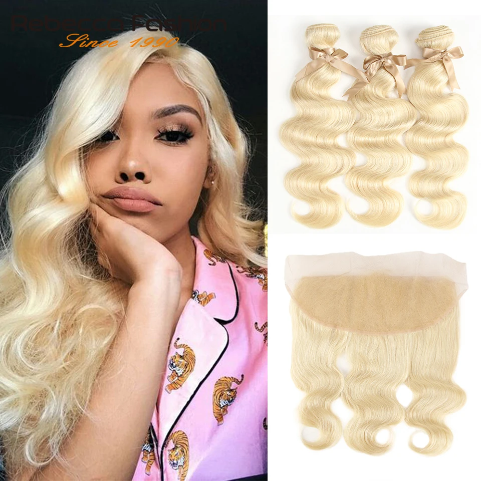 

Rebecca 613 Blonde Bundles With Frontal Brazilian Body Wave Remy Blonde Human Hair 3 Bundles With Lace Frontal Closure