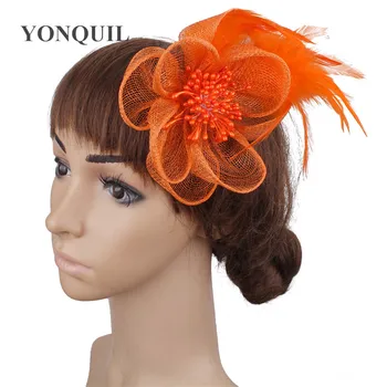 

Grey or 21 Colors Elegant ladies sinamay hair fascinators feather headwear women race headpiece hair accessory party hat TMYQ083