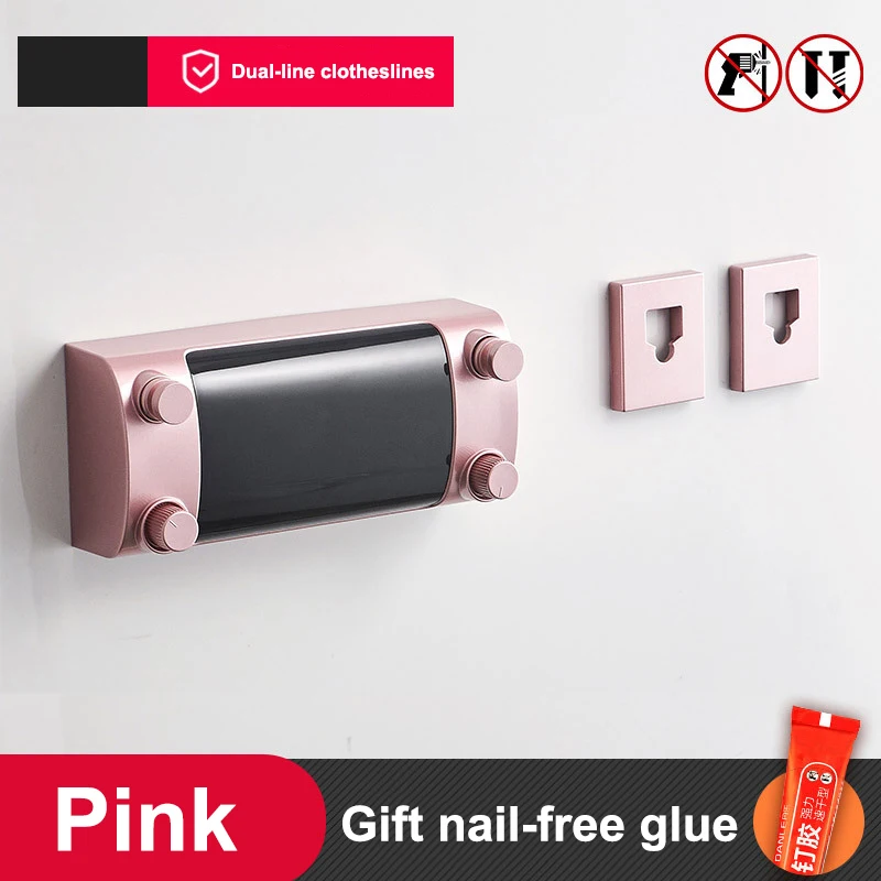 Pink Выдвижная линия для одежды, двухслойная вешалка для одежды из нержавеющей стали, настенная вешалка, сушильная стойка для полотенец, бельевая линия - Цвет: Pink