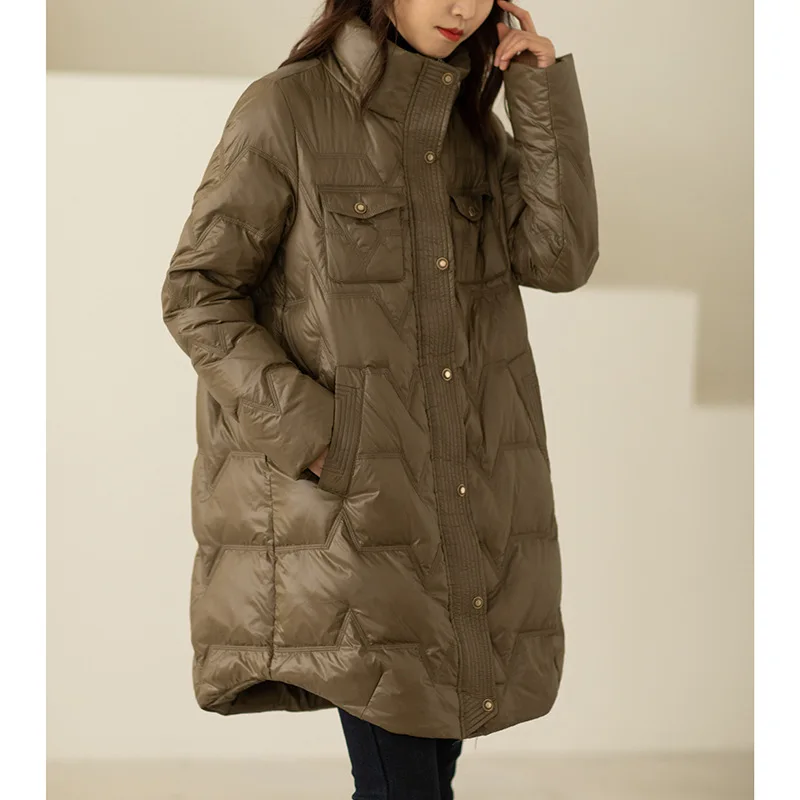 Mid-length White Duck Down Jacket 2021 Winter New Fashion Stand-up Collar Solid Color Western-style All-match Jacket