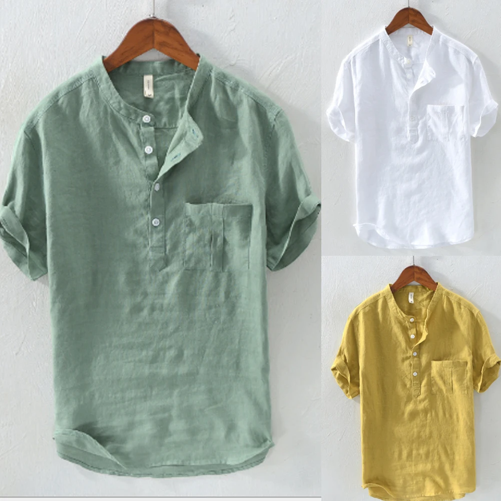 Lino de camisas de manga corta para hombre, camisas básicas informales de Color sólido, jerséis con botones, blanco, azul, amarillo, verde, de verano