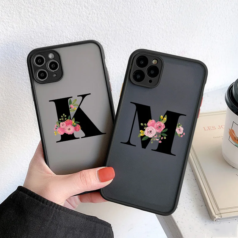 Elegant Black Letter Flower Matte Phone Case - Fashionable Protective Shell