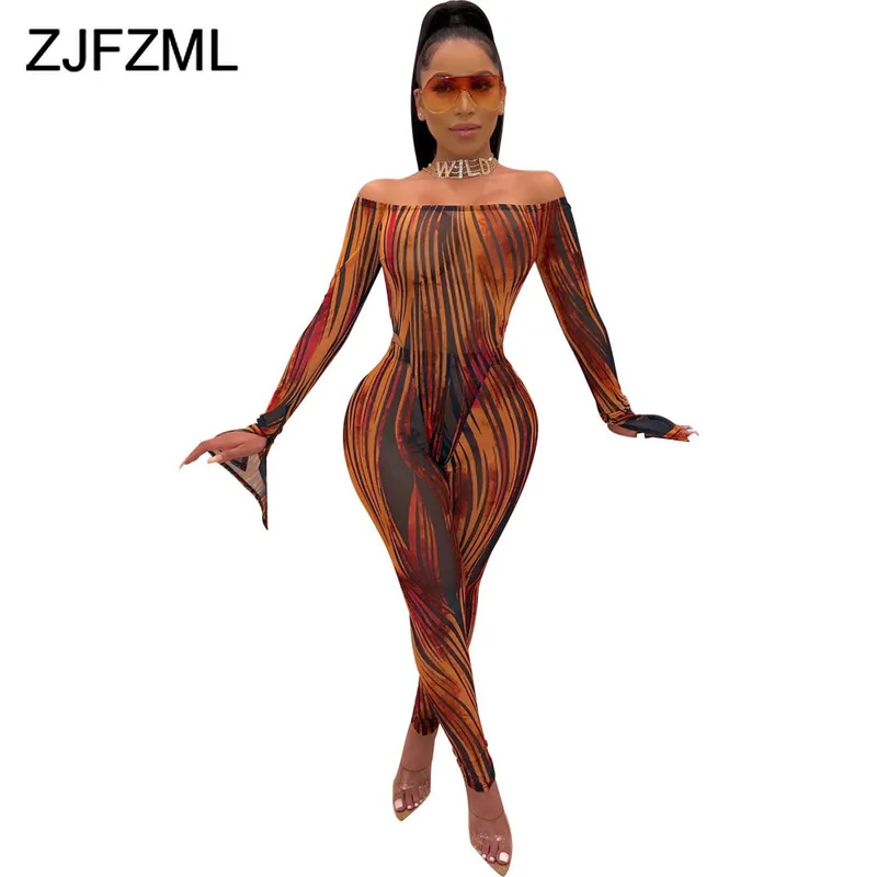 

See Through Stripes Skinny Overall for Women Off Shoulder Open Back Sexy Club Romper Autumn Split Flare Sleeve Bodycon Jumpsuit
