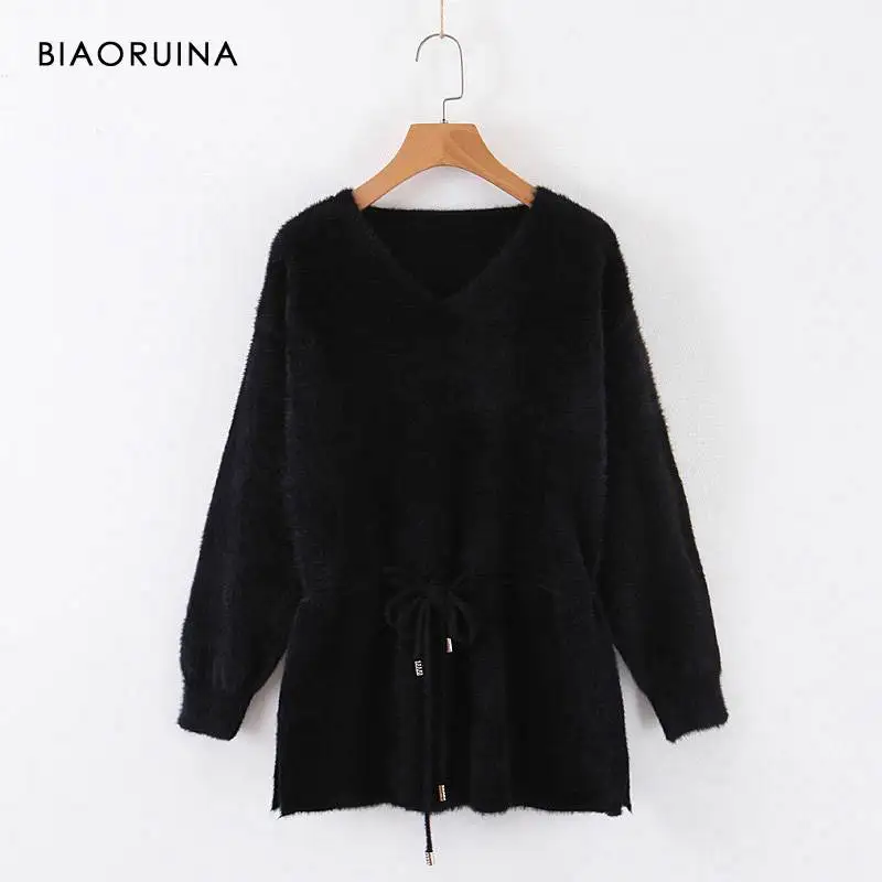 BIAORUINA, 4 цвета, женский элегантный однотонный вязаный свитер, v-образный вырез, искусственный мех норки, корейский стиль, пуловер с поясом, рукав-фонарик - Цвет: Черный