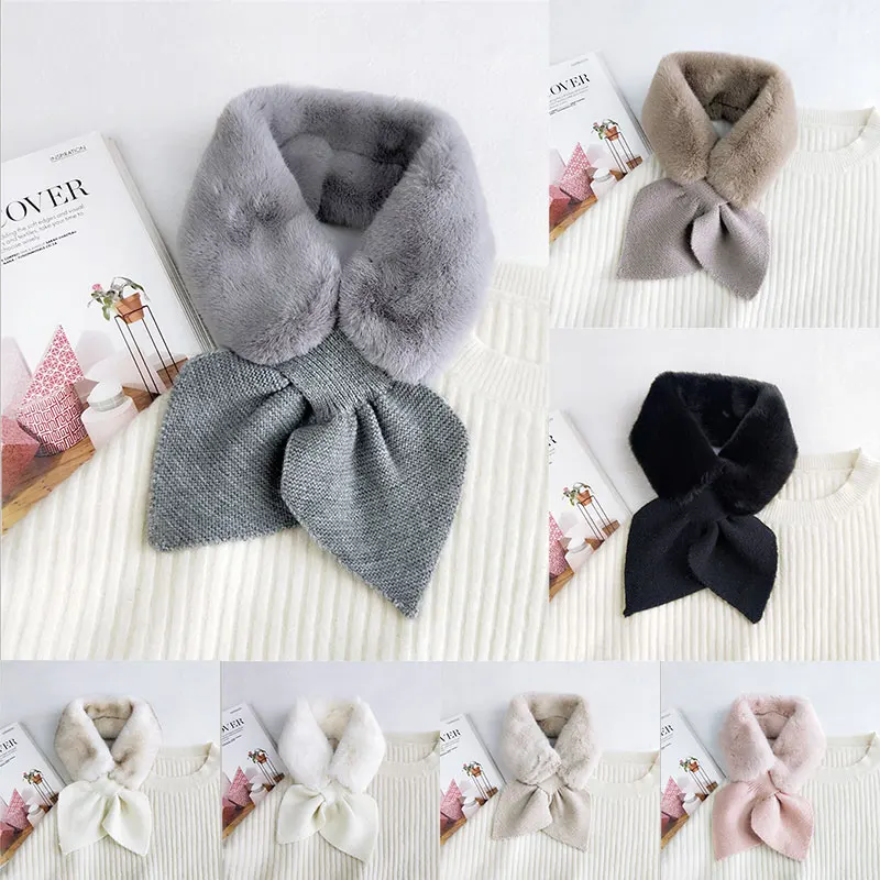 

Knitting Wool Scarf Solid Color Peach Heart Cross Scarves Faux Fur Collar Neck Warmer Long Skinny Korean Style Plush Scarf