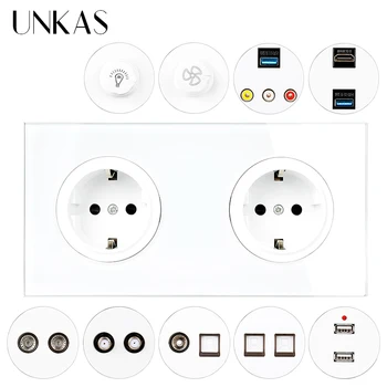 

UNKAS Dual EU Crystal Glass Panel Socket + Dimmer Fan Regulator Switch HDMI Port USB TV RJ45 Internet RJ11 Telephone JacK Outlet