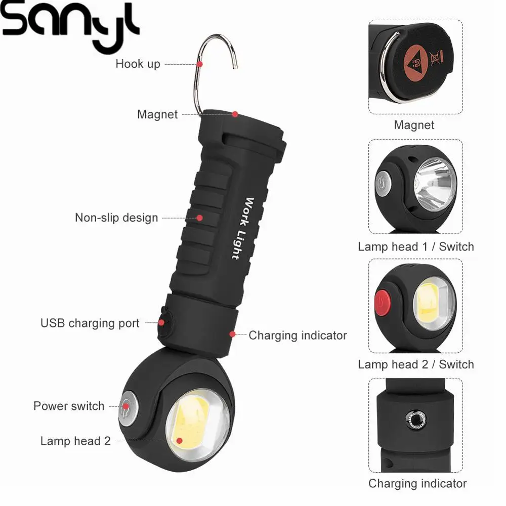

SANYI XPE+COB Flashlight Portable Light 2 Modes Power Switch Torch Working Lamp with Hanging Hook&Magnet Flashlight 360 Rotate