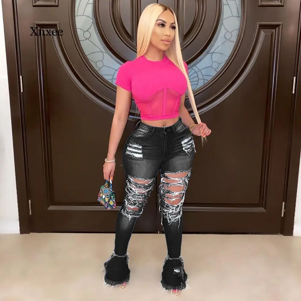 2020 Summer Denim Pants Women fluorescence color Hole Jeans Ripped Flare Spliging Trousers Street Skinny High Waist Pants 6Color