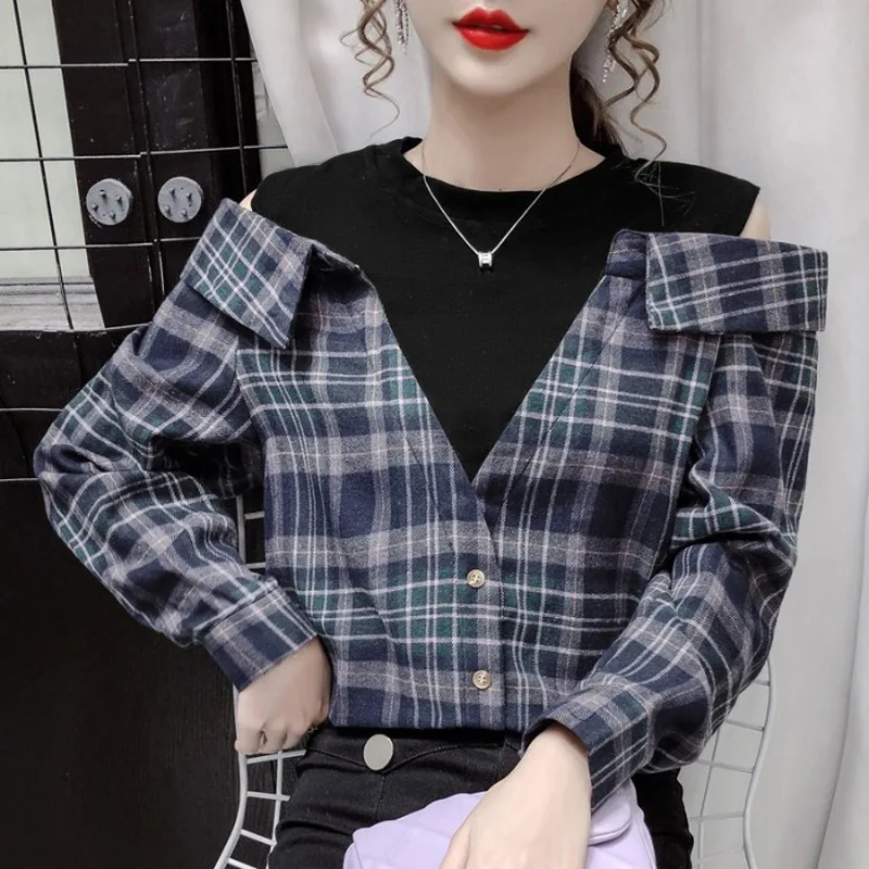 OCEANLOVE 2020 Autumn Winter Blusas Mujer Vintage Patchwork Fake 2 Pcs Blouses Women Tops Plaid Hollow Out Clothes 18677 |